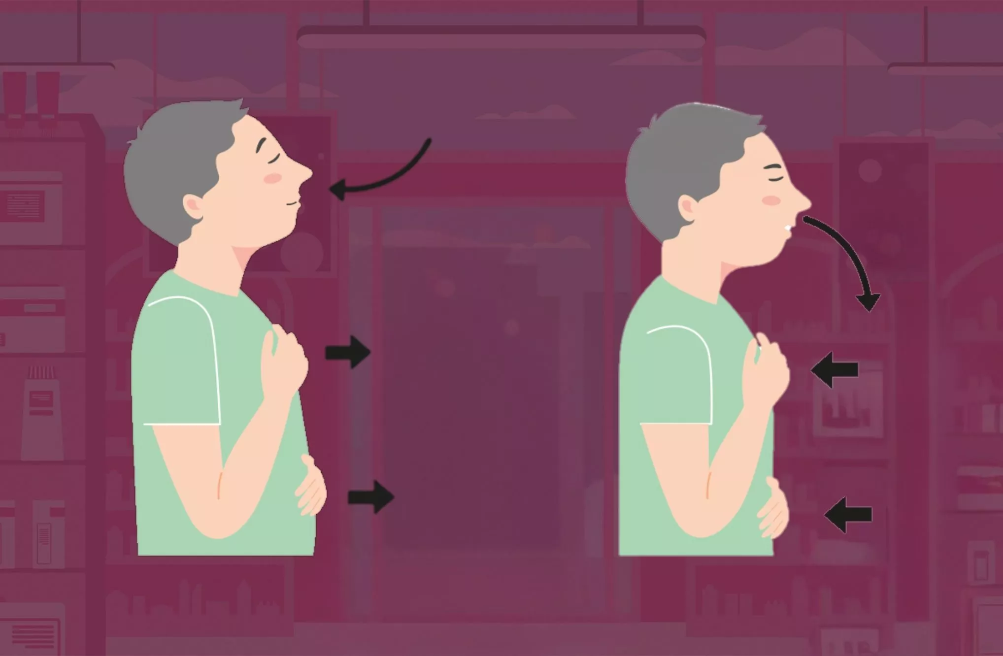 Illustration eines Mannes bei einer Atemübung: Einatmen durch die Nase, Brust und Bauch heben sich – Ausatmen durch den Mund, der Körper entspannt sich.