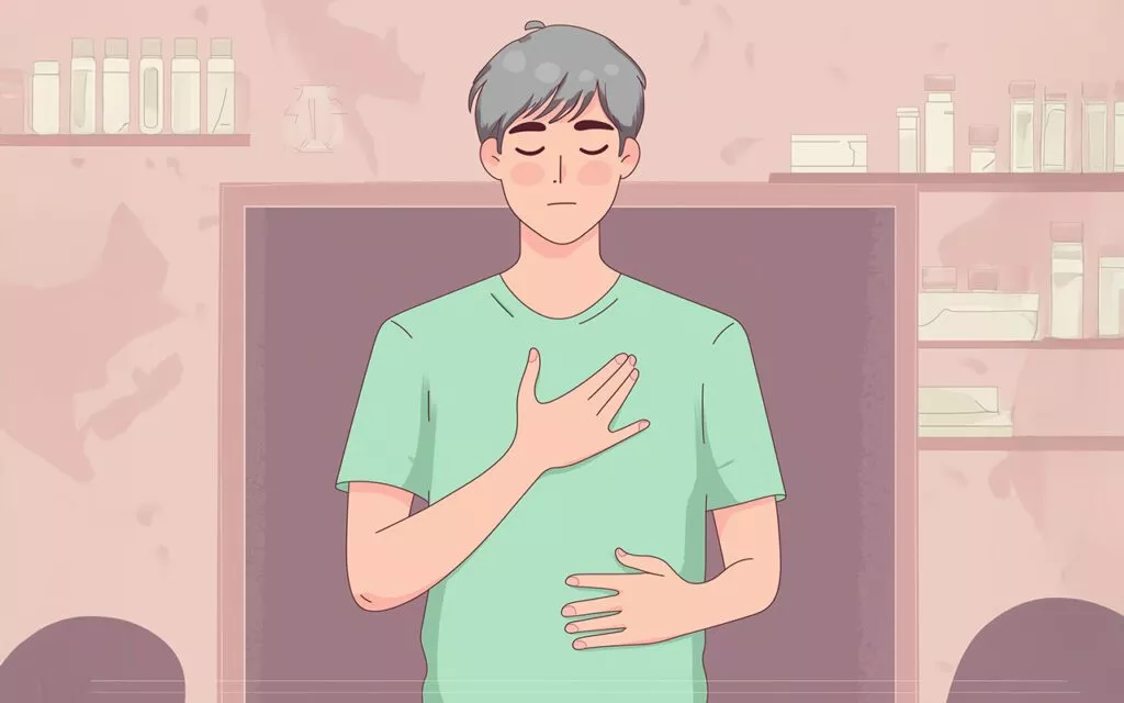 Grafik eines Mannes mit geschlossenen Augen, der eine Hand auf die Brust und eine auf den Bauch legt – dargestellt wird eine ruhige, bewusste Atemübung zur Stressreduktion.